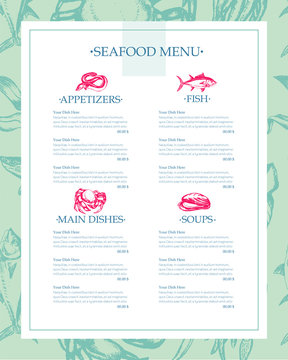 Delicious Seafood - vector drawn template menu