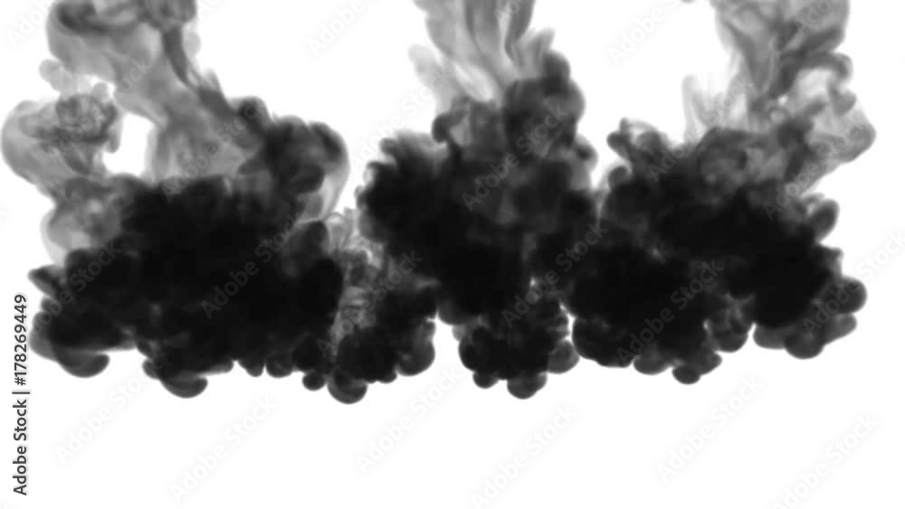 Poster a lot of flows, black clouds or smoke, ink inject is isolated on white in slow motion. black color f