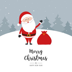 Santa claus wave sack merry christmas gretting text snow landscape background