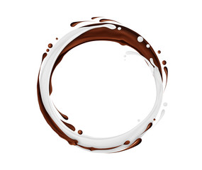 Circular rotation of chocolate and milk splashes, isolated on white background