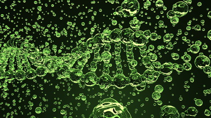 Destruction of green transparent DNA molecule model, 3D rendering