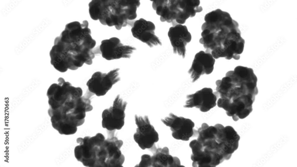 Poster a lot of flows forming ring, ink inject is isolated on white in slow motion. black dye twists in wat