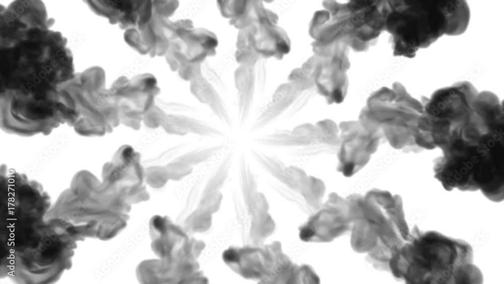 Poster a lot of flows forming ring, ink inject is isolated on white in slow motion. black color flow in wat