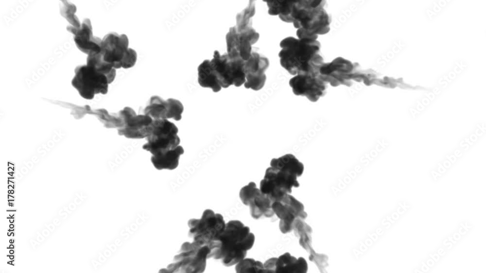 Poster a lot of flows forming ring, ink inject is isolated on white in slow motion. black tint spread in wa