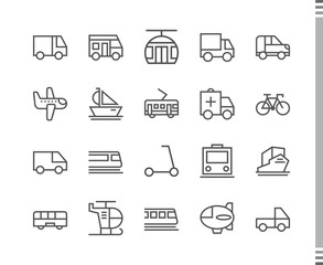 Flat vector icons with a thin line. Set for mobile applications. Transport and mode of transportation