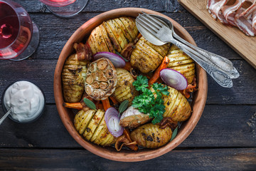 Baked potato with garlic on a dark background. Flat lay. Top view.
