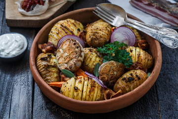 Bowl of oven roasted hassleback Potato with garlic, carrots and onion on rustic black wooden surface