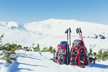 Backpacks stand in the snow against the backdrop of the mountains.