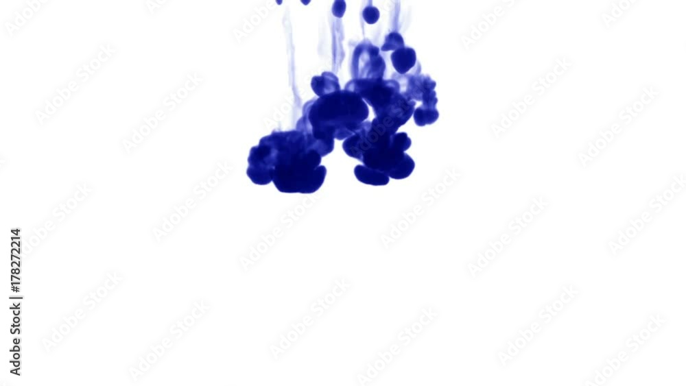 Poster a flow of isolated blue ink inject. blue writing ink splatters in water, shot in slow motion. use fo