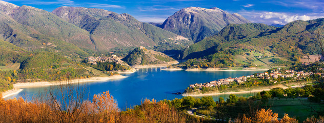 panoramic view of beautiful lake Turano and village Colle di tora. Rieti province, Italy