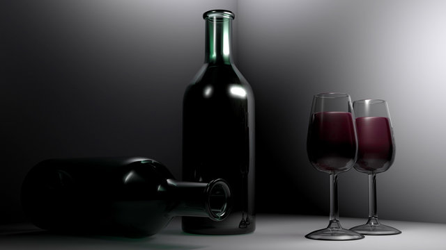 Two chalices of red wine are on a white table. Near of them there is an ampty bottle laying and a full one standing. 3D rendering