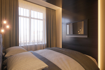 3d illustration of a bedroom interior design in a Scandinavian modern style. Render interior for the catalog with real furniture.