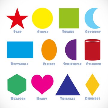 Vector shape sign for the smallest. Rectangle, Hexagon,Star, Rhombus, Triangle, Heart, Circle, Ellipse, Semicircle, Cylinder, Square, Crescent