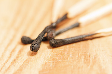 Burned matches on a wooden background