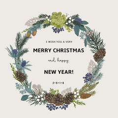 Vintage vector card. I Wish You A Very Merry Christmas And Happy New Year. The wreath of branches of different trees. Modern floristics. Colorful