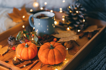 Autumn still life. Cozy composition with pumpkin and tea