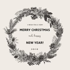 Vintage vector card. I Wish You A Very Merry Christmas And Happy New Year. The wreath of branches of different trees. Modern floristics. Black and white © OlgaKorneeva