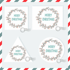 Set of Holiday backgrounds, stamps with decorative wreaths for Christmas or New Year