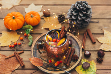 Cup of hot spicy tea with anise and cinnamon. Autumn composition.