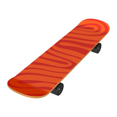 Деревянный красный скейтборд с оранжевыми разводами и черными колесами, на белом фоне
