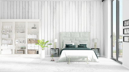 Scene with brand new interior in vogue with white rack and modern bed. 3D rendering. Horizontal arrangement.