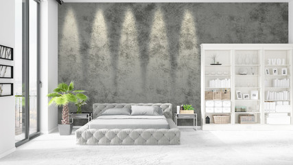 Obraz na płótnie Canvas Scene with brand new interior in vogue with white rack and modern bed. 3D rendering. Horizontal arrangement.