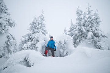Fototapeta na wymiar Hiker in snowy forest