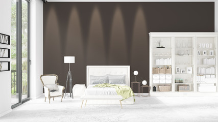 Scene with brand new interior in vogue with white rack and modern bed. 3D rendering. Horizontal arrangement.