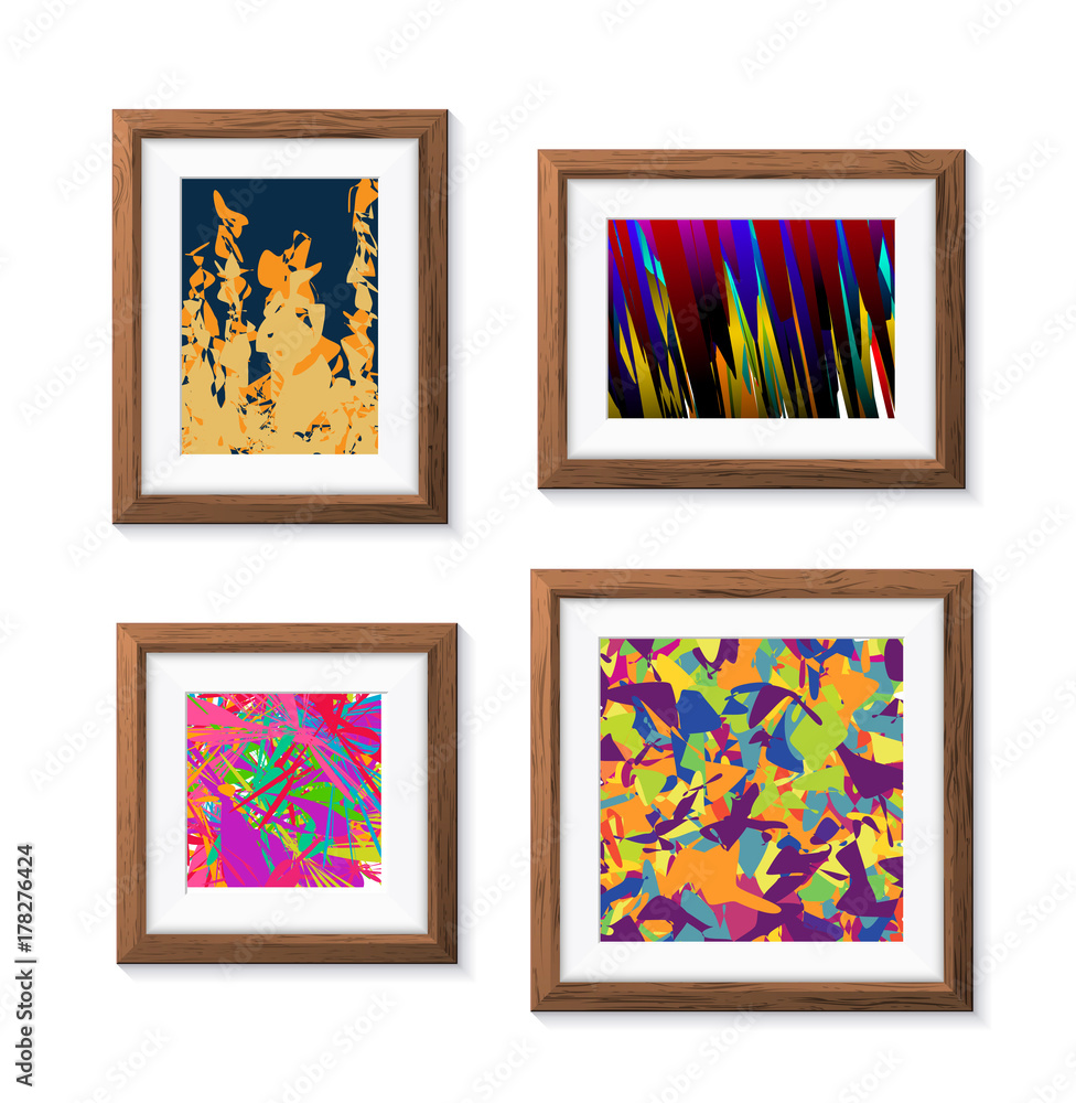 Poster set of realistic minimal isolated wooden frame with abstract art scene on white background for prese