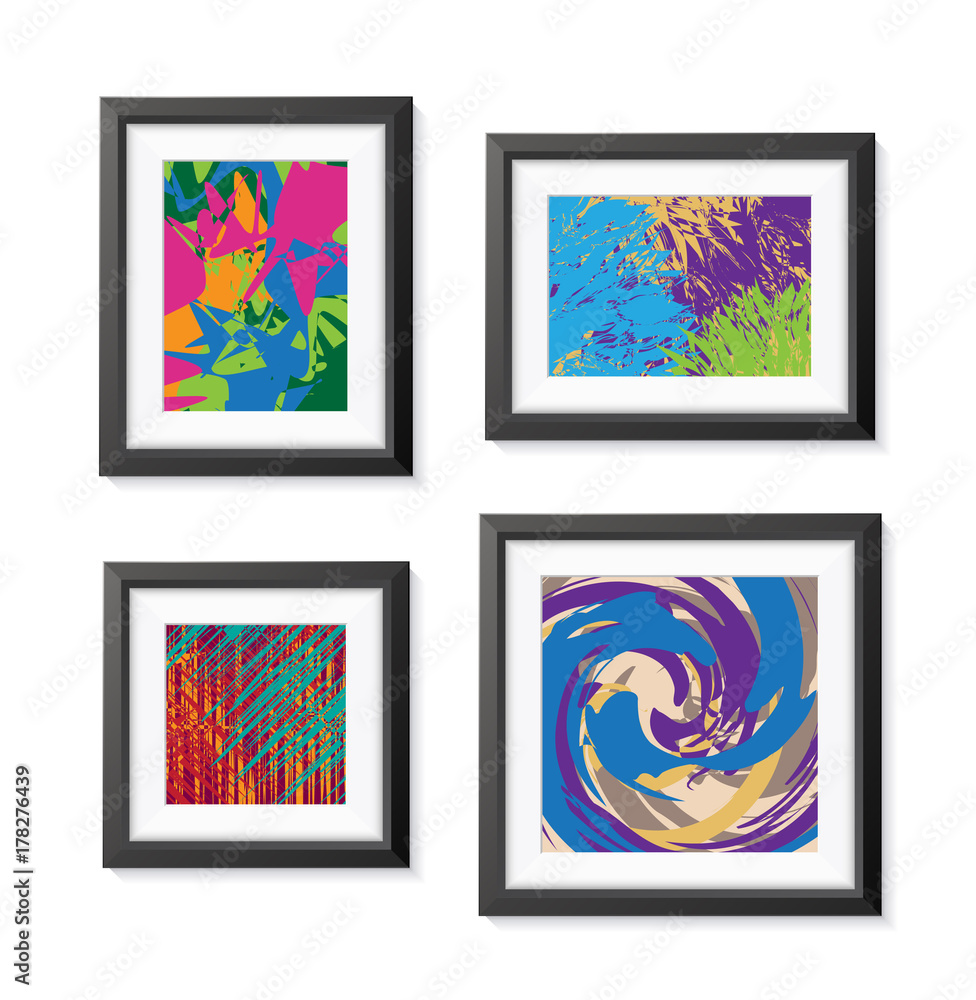 Poster set of realistic minimal isolated black frame with abstract art scene on white background for presen