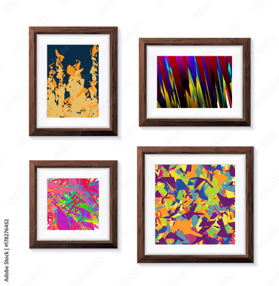 Poster set of realistic minimal isolated wooden frames with abstract art scenes on white background for pre