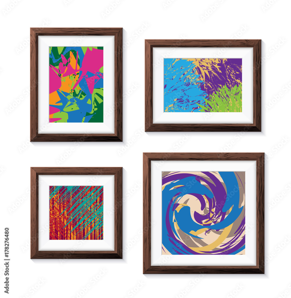 Poster set of realistic minimal isolated wooden frames with abstract art scenes on white background for pre