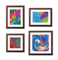 Set of Realistic Minimal Isolated Wooden Frames with Abstract Art Scenes on White Background for Presentations . Vector Elements