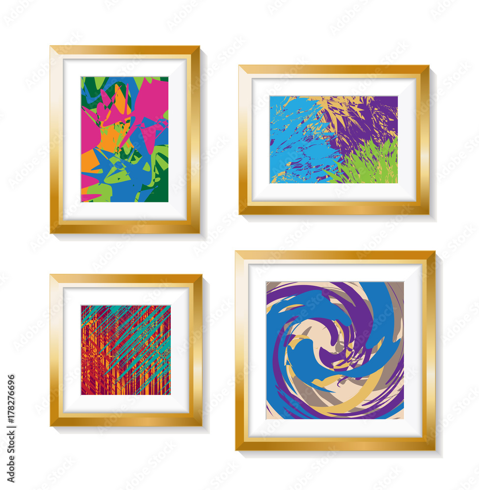 Poster set of realistic minimal isolated golden frames with abstract art scenes on white background for pre