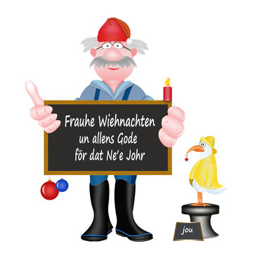 Weihnachten in Friesland auf plattdeutsch, Schild mit Fischer, M&ouml;we und Weihnachtsdekoration, wei&szlig;er Hintergrund