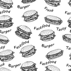 Sketch hamburger or burger vector seamless pattern. fast food, restaurant background.Hand drawn illustration for wallpaper