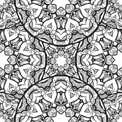 Fototapeta premium Hand-drawn mehendi ornamental seamless pattern. Oriental style decorative design templates. EPS 10 vector illustration black and white.