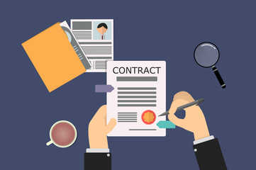 employee contract about to sign in the human resources recruiter office. on the table there is a folder with resumes and magnifying glass. flat style design.