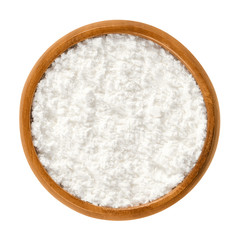 Fototapeta na wymiar Powdered sugar in wooden bowl. Unsifted finely ground white refined sugar. Also called confectioners or icing sugar and icing cake. Isolated macro food photo close up from above on white background.