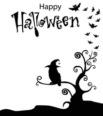 Black and white template with owl in witch hat sitting  on the curly branches tree with bats around and text happy halloween above. Happy halloween text banner, vector illustration.