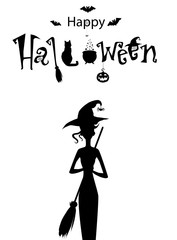 Happy halloween text banner, vector, card. Monochrome template of witch with broomstick  and text decorated with spiders, black cat, jack, witch hat and bats on white background.
