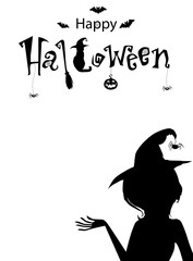 Happy halloween text banner, vector, card. Monochrome template of witch with hand up and text decorated with spiders, black cat, jack, witch hat and bats on white background with space for text.