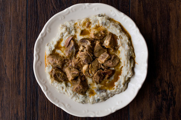Turkish Food Hunkar Begendi made with Eggplant and Meat.