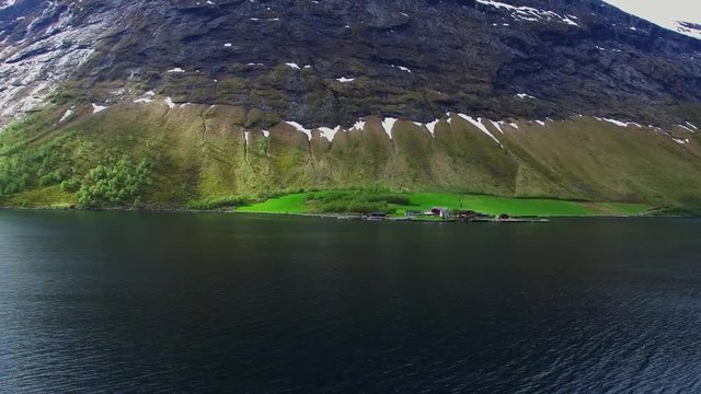 View of the shoreline of the lake, the river. Fjords of Norway