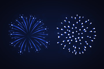 Beautiful blue fireworks set. Bright fireworks isolated black background. Light blue decoration fireworks for Christmas, New Year celebration, holiday festival, birthday card Vector illustration