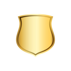 Gold shield shape icon. 3D golden emblem sign isolated on white background. Symbol of security, power, protection. Badge shape shield graphic design Vector illustration