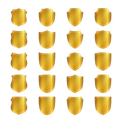 Gold shield shape icons set. 3D golden emblem signs isolated on white background. Symbol of security, power, protection. Badge shape shield graphic design Vector illustration - obrazy, fototapety, plakaty