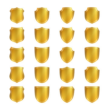 Gold shield shape icons set. 3D golden emblem signs isolated on white background. Symbol of security, power, protection. Badge shape shield graphic design Vector illustration