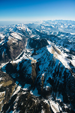 Aerial mountain panorama of swiss alps