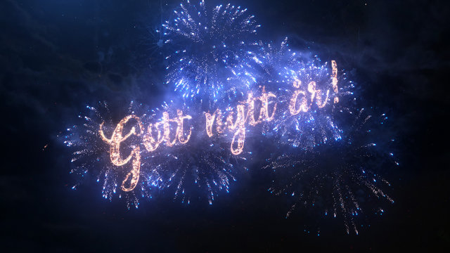 Happy New Year greeting text in Swedish with particles and sparks on black night sky with colored fireworks on background, beautiful typography magic design.